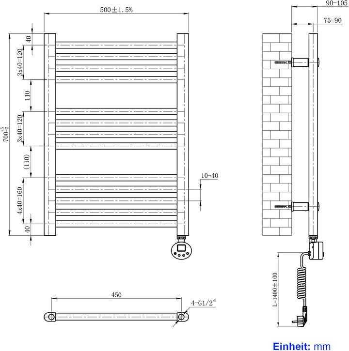 Heilmetz® Badheizkörper Elektrisch 70x50cm Badheizkörper Elektrisch mit Thermostat+Timer-Funktion Ge