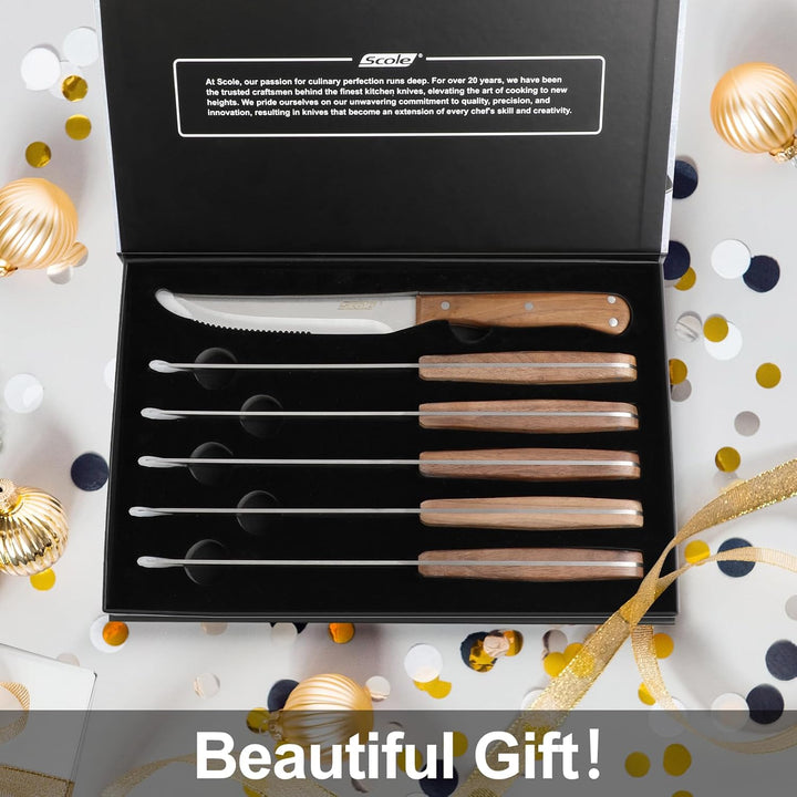 SCOLE® Steakmesser Set 6-teilig, Küchen Steakbesteck Messer set aus Carbon Edelstahl mit Wellenschli
