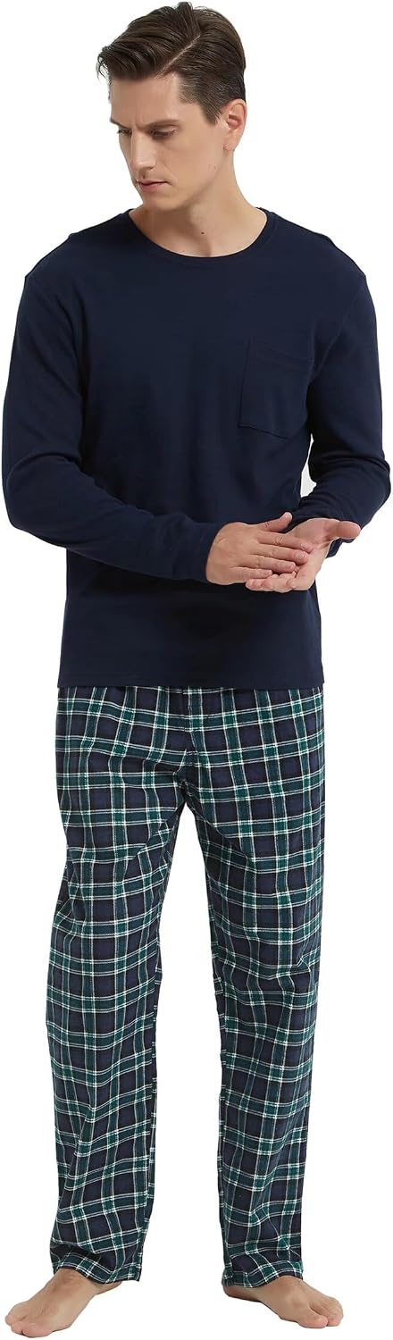 GLOBAL Herren Schlafanzüge Flanell Herren Pyjama Set Baumwolle Langarm-Pullover Oberteil und elastis