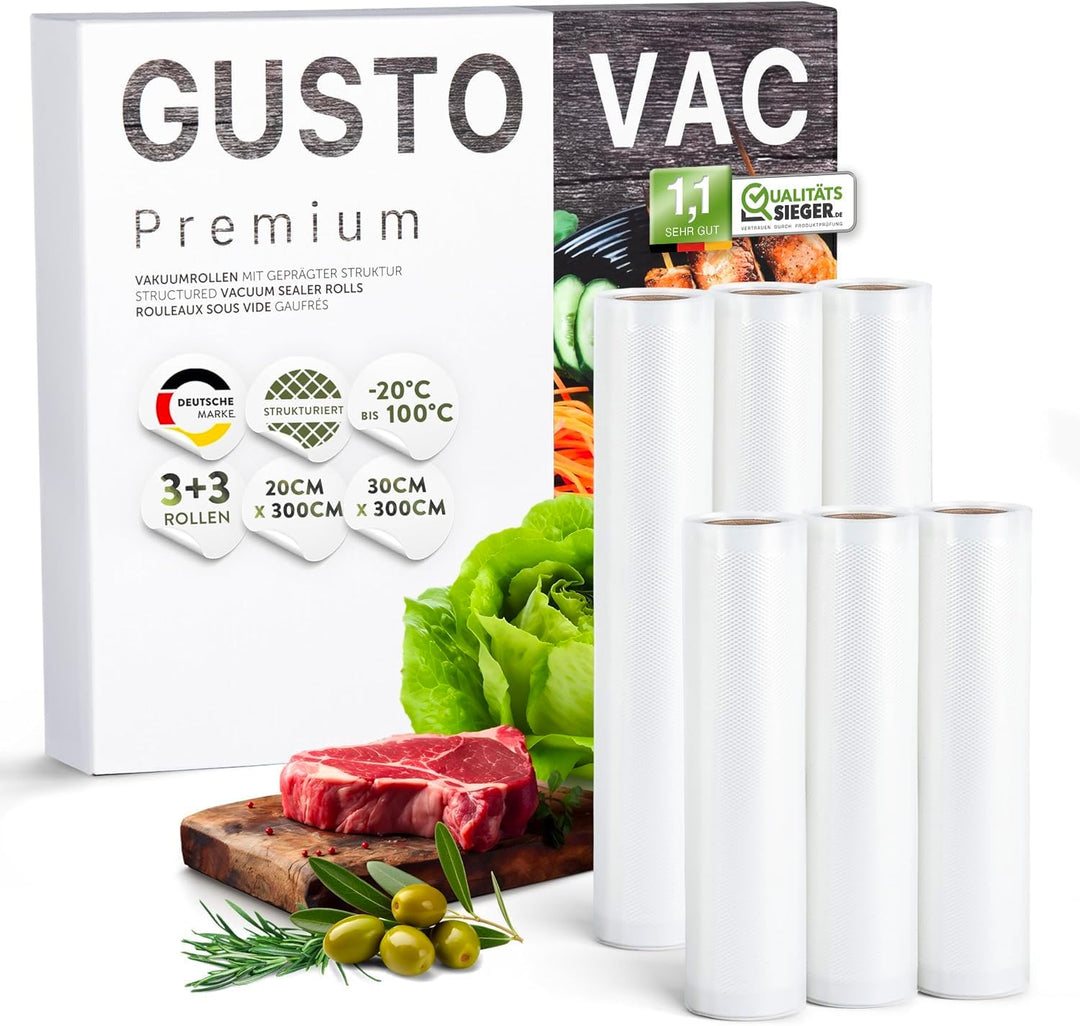 GustoVac Premium 6 Vakuumrollen, 3 Rollen 20x300cm & 3 Rollen 30x300cm Profi- Vakuumierbeutel für Va