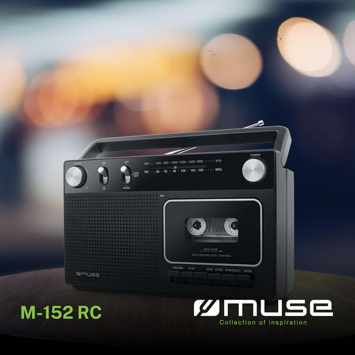 Muse M-152 RC Retro Kassettenrekorder mit Aufnahme-Funktion, Batteriebetrieb möglich (UKW und MW-Tun