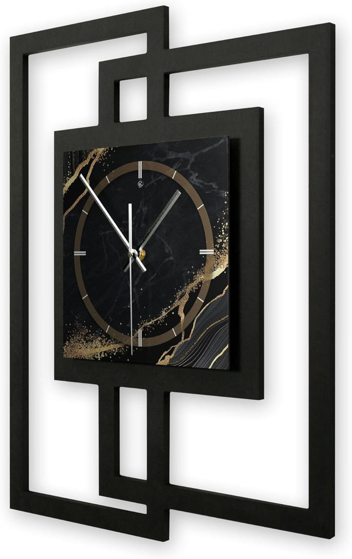 Kreative Feder Designer-WANDUHR „Black &amp; Gold Waves“ in modernem Metallic-Look ohne Tickgeräusche (F