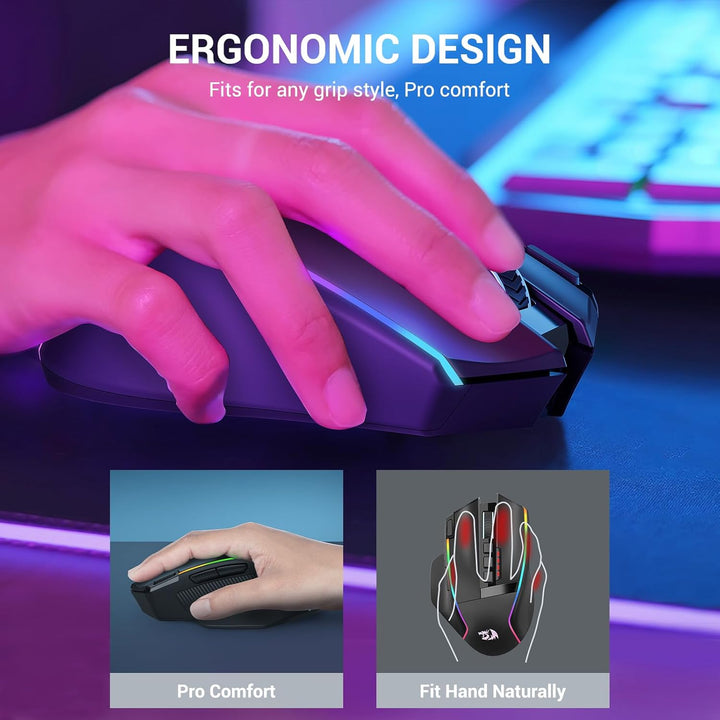 Redragon Gaming Maus Kabellose, 16000 DPI, 2.4G/USB-C Wireless Mouse, 9 Programmierbare Tasten, Wied