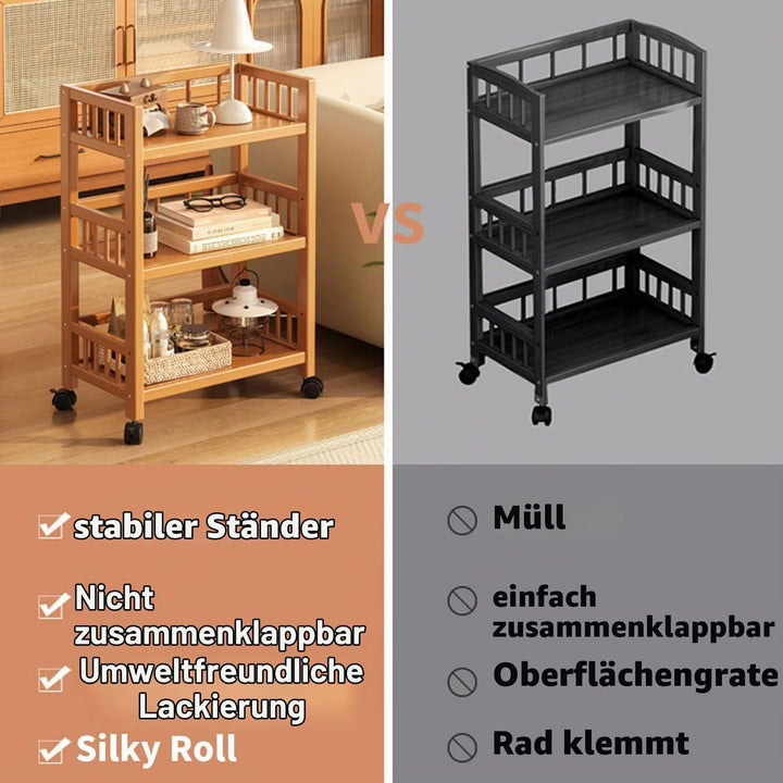 Servierwagen mit Rollen, Küchenwagen Holz 3 Ablagen, mobiler Rollwagen Allzweckwagen für Küche, Bad,