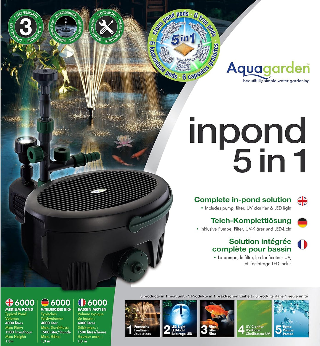 Aquagarden Inpond 6000, Teich- und Wasserpumpe, Filter, UV-Klärer, LED-Strahler und Springbrunnen, K