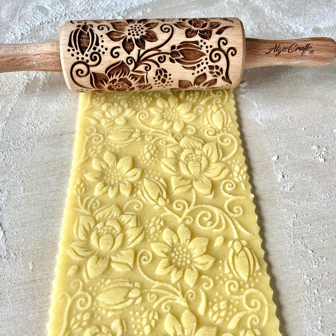 FLORET 3-er SET Kinder Nudelhölzer. Teigrolle mit Lotus, Kaschmir, Paisley blühende, Rebe und Lilie