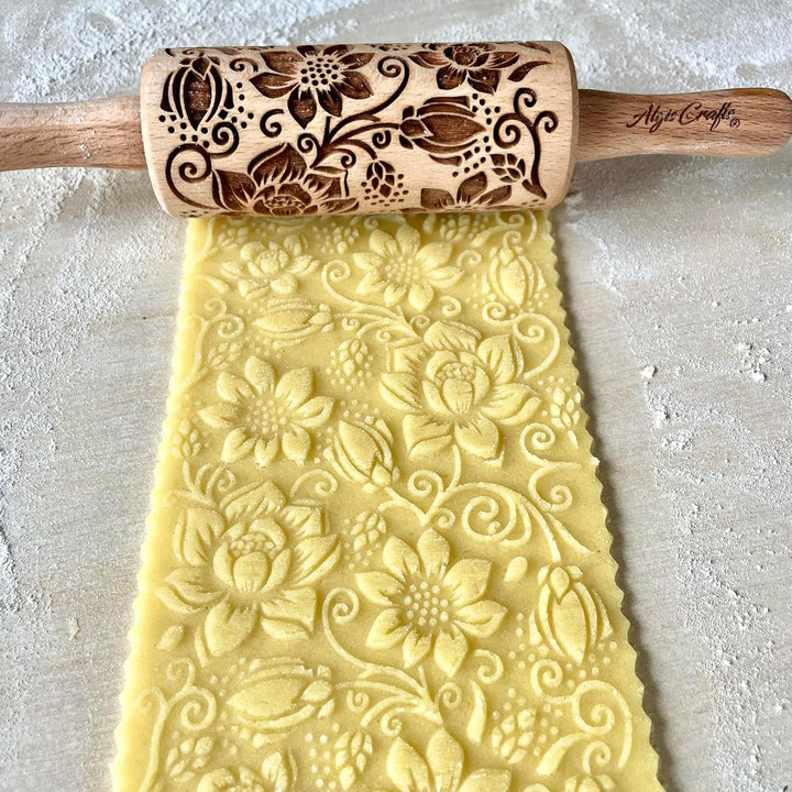 FLORET 3-er SET Kinder Nudelhölzer. Teigrolle mit Lotus, Kaschmir, Paisley blühende, Rebe und Lilie