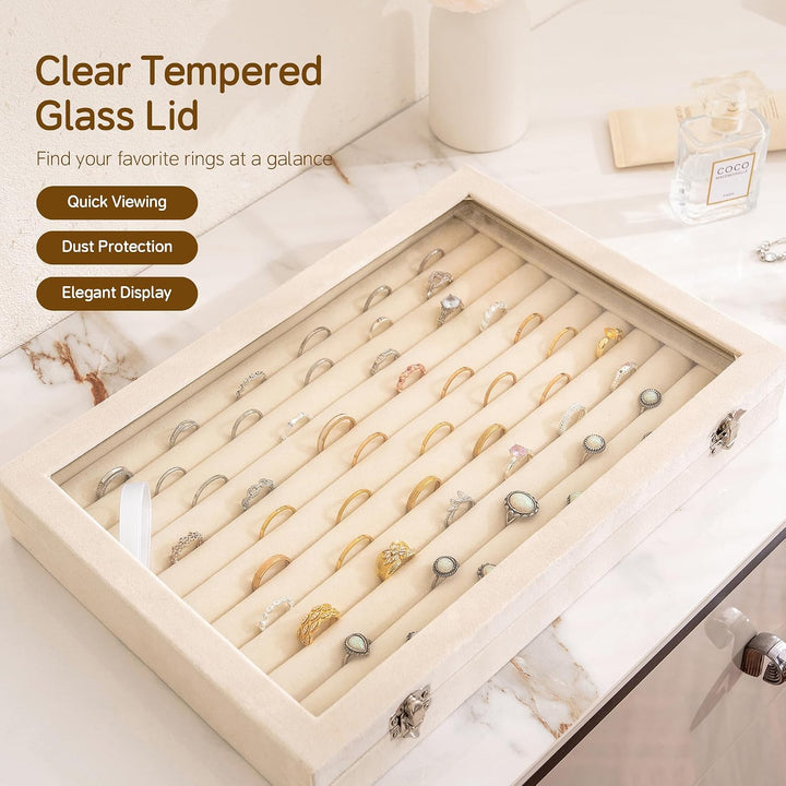 Frebeauty Ringe/Ohrringe Organizer Tablett mit klarem Deckel 10 Slots Samt Schublade Einsatz Schmuck