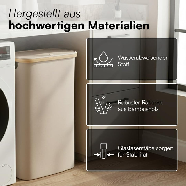 Bellamio Tolt Wäschekorb, Beige, schmaler Wäschesammler 65 L mit Deckel | Wäschesammelbox aus Oxford