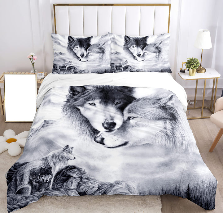 Bettwäsche Set Wolf, 3D WolfTheme Muster Bettbezug,Traumfänger Drucken 3 Teilig,Microfaser Bettwäsch