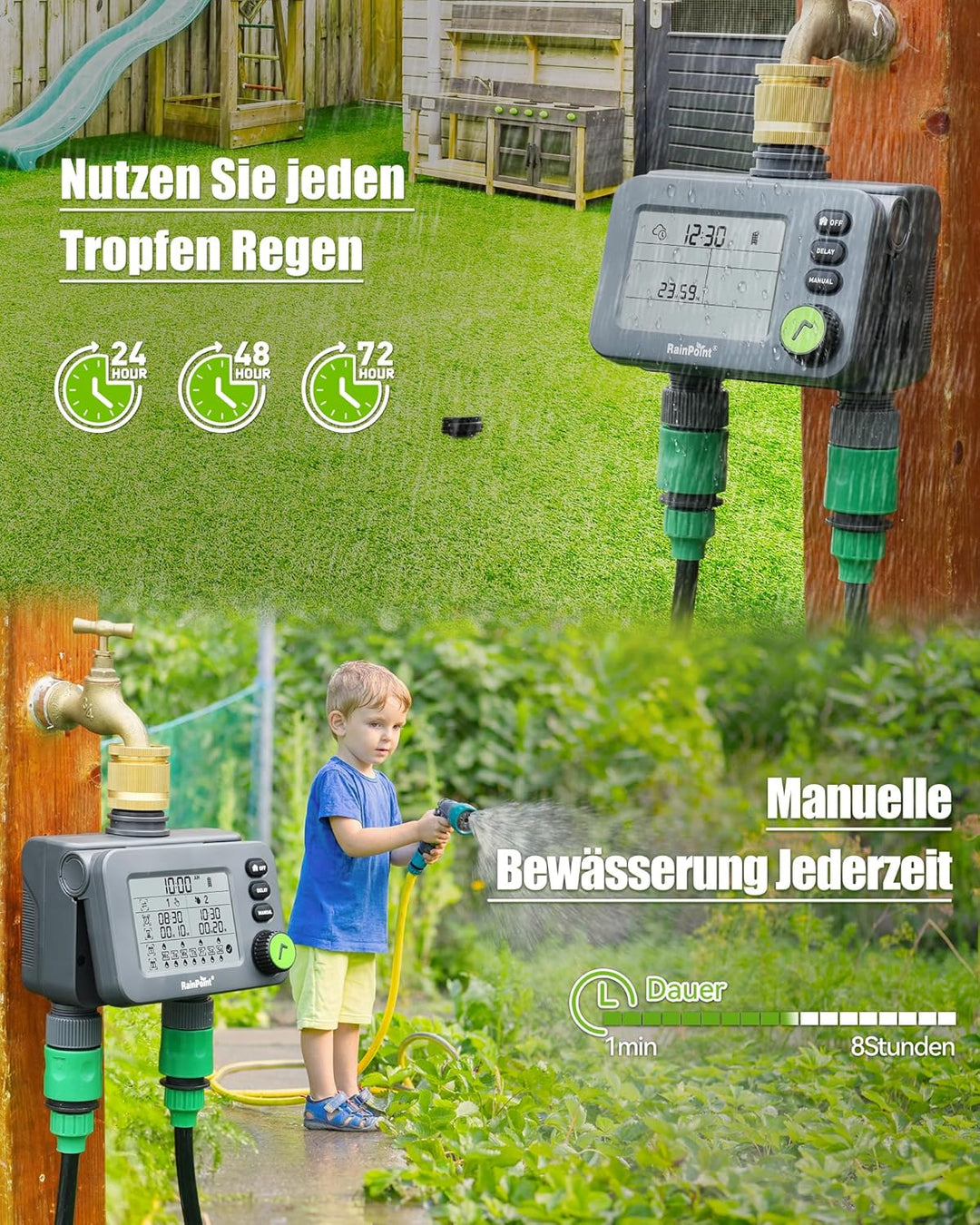 RAINPOINT Bewässerungscomputer 2 ausgänge mit Messingeinlass, Garten Bewässerungsuhr mit Regenverzög