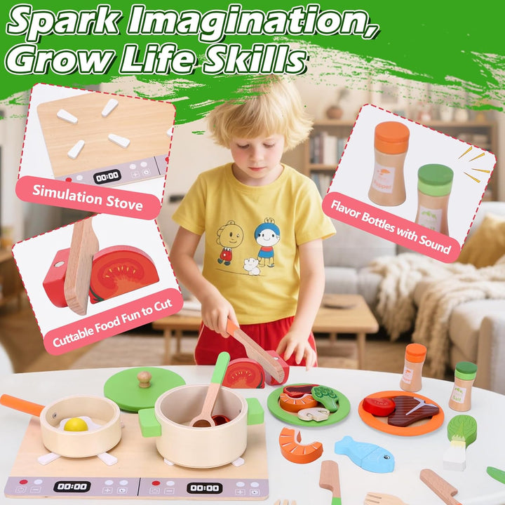 Mardo Kinderküche Zubehör Holz, Spielküche Zubehör 27 PCS Holzspielzeug Inklusive Topfset Küchenspie