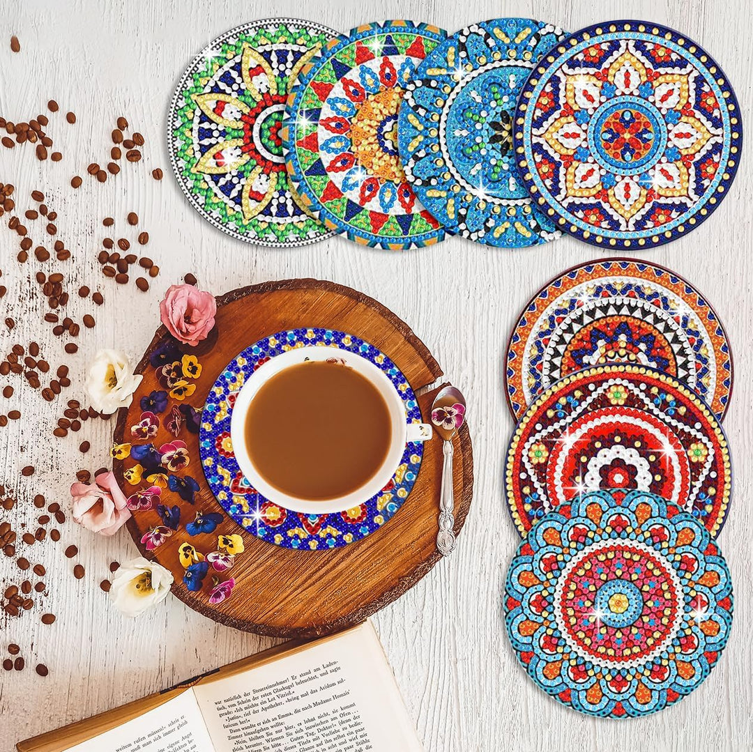 Muzagroo Art Set mit 8 Mandala-Glasuntersetzern mit Halterung - 5D Diamant-Kunst-Set für Anfänger -