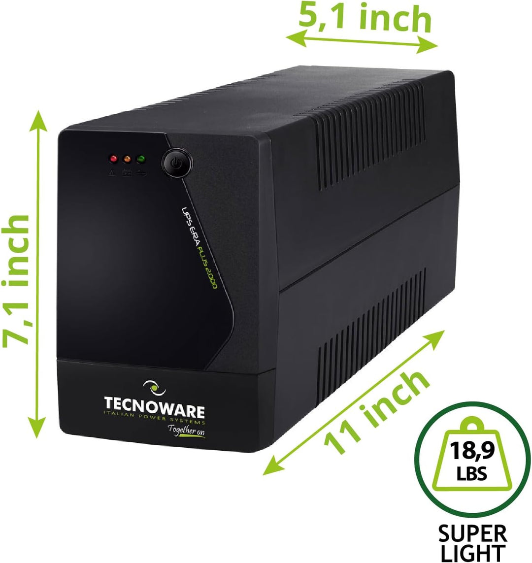 Tecnoware UPS 2000VA für PC/Modem, NICHT für Gaming/Konsole, ERA PLUS USV, 6 IEC, Software, Schutz v