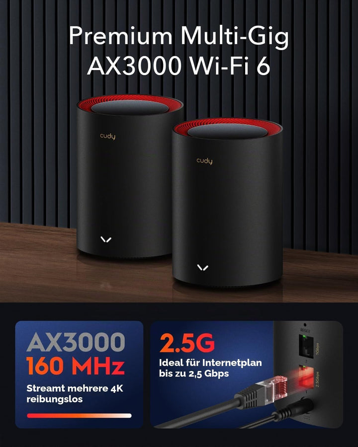 CUDY AX3000 2,5G Mesh System Wi-Fi 6 Wi-Fi 6, 2,5 g WAN, Backhaul Ethernet, ideal für 1Gig+ Internet