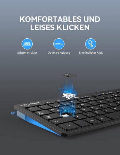 TECKNET Slim Kabellose Tastatur, Deutsches Layout, 78 Tasten Mini Wireless Tastatur mit Nano USB Emp