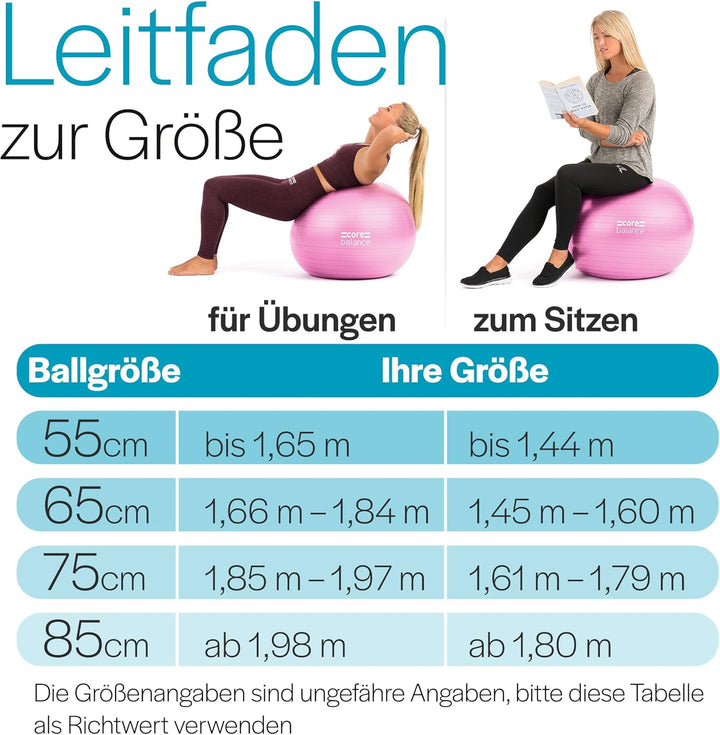 Core Balance, berstsicherer Gymnastikball - für Fitness Yoga Schwangerschaft - 55cm 65cm 75cm 85cm -
