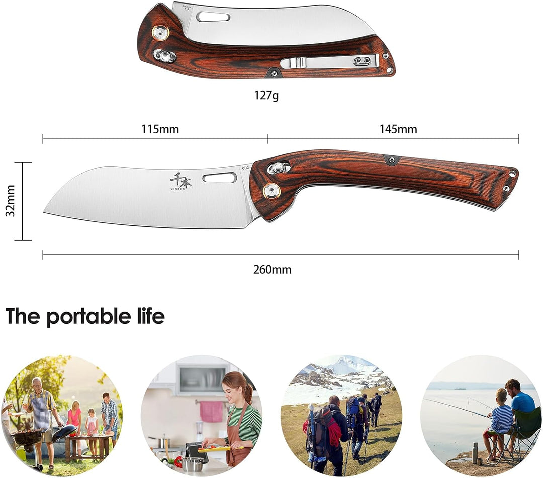 SENBON 440 Stainless Steel Super Sharp Folding Chef Knife With Colorful Wood Handle for Camping, Bar