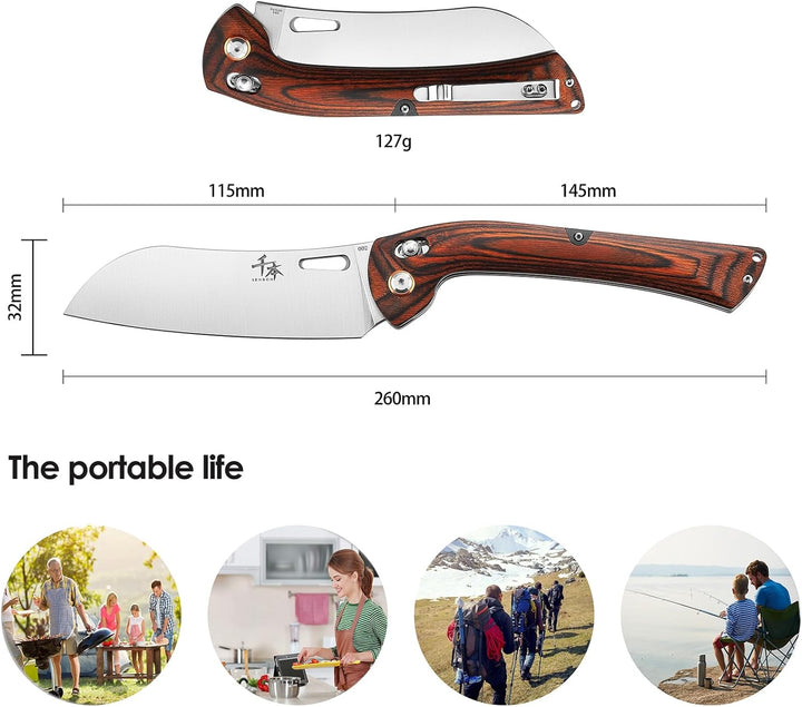 SENBON 440 Stainless Steel Super Sharp Folding Chef Knife With Colorful Wood Handle for Camping, Bar