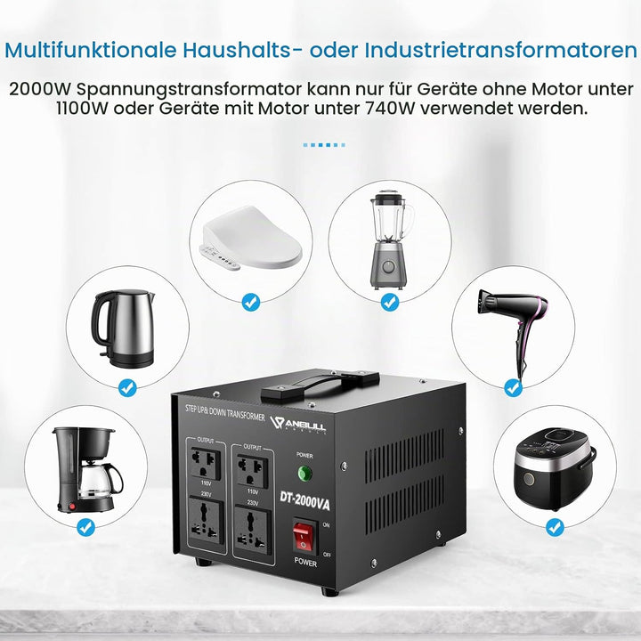 Anbull DT- 2000W Spannungswandler Ringkern-Transformator, Spannungswandler 110V auf 230V, Step up do