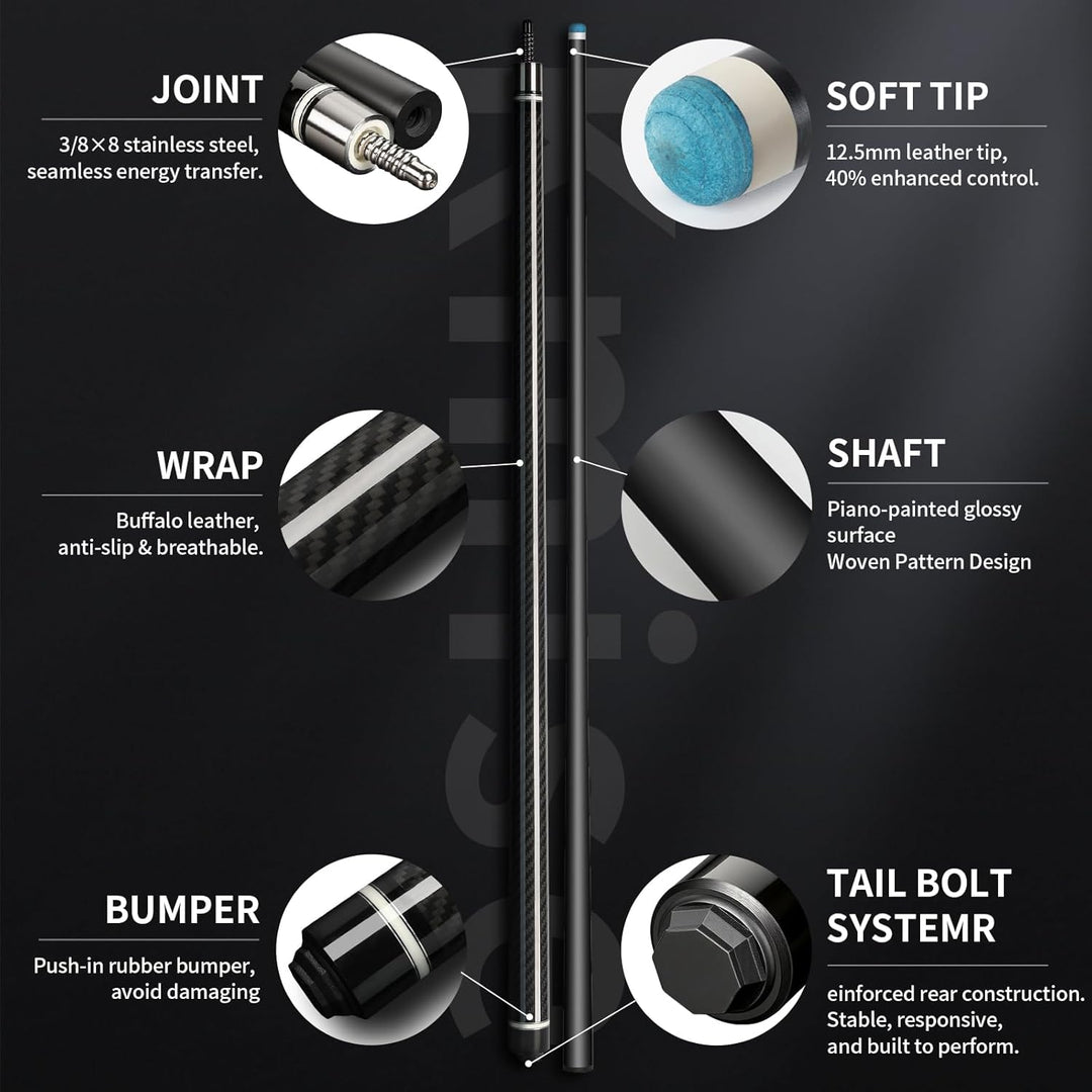 Kmise Carbon Fiber Pool Cue Stick 58", Billiard Cue Sticks 21-23oz, Low Deflection Pool Cue with 12,