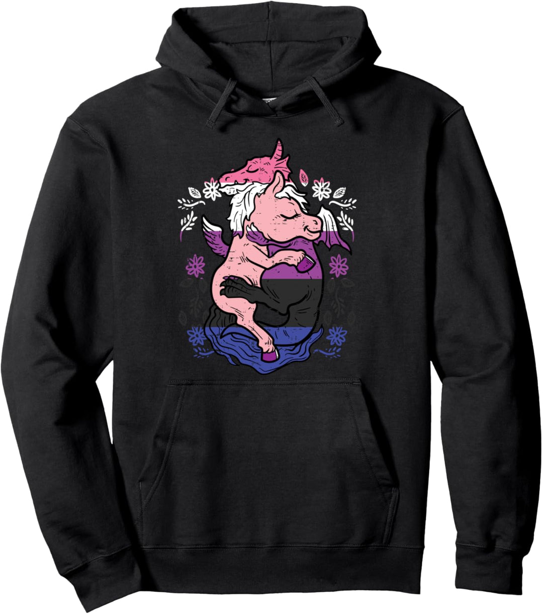 Dragon Hugs Unicorn Cute LGBTQ Genderfluid Flag Non-Binary Pullover Hoodie