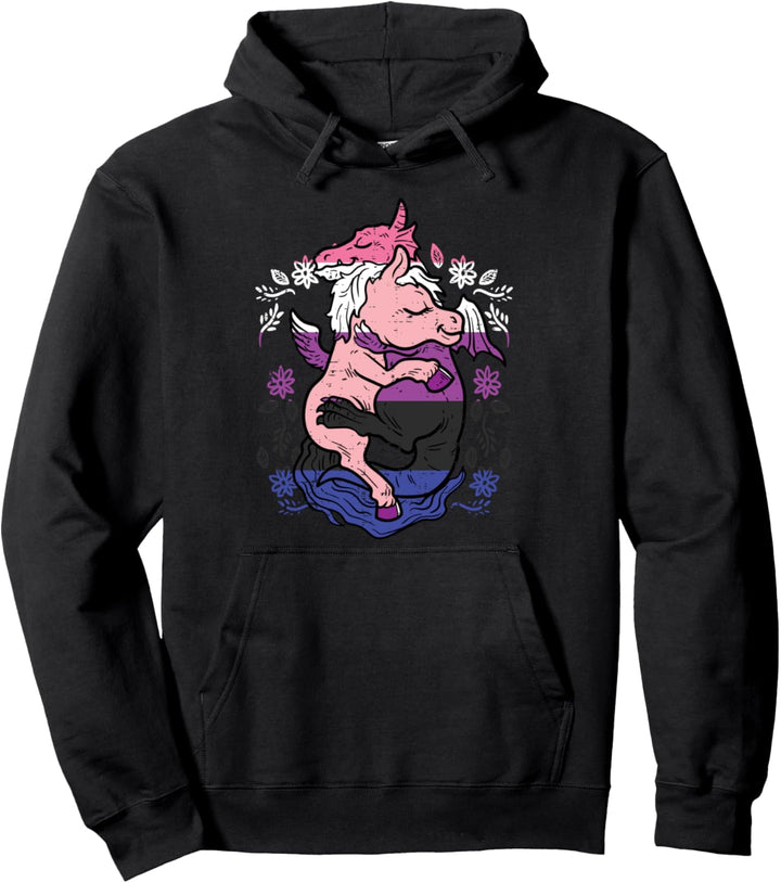 Dragon Hugs Unicorn Cute LGBTQ Genderfluid Flag Non-Binary Pullover Hoodie
