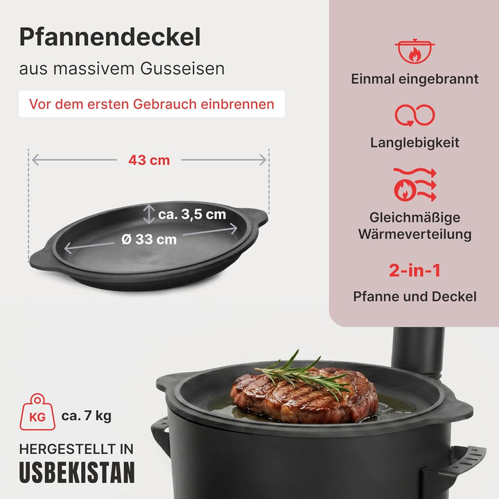 Ø36cm Uchag 2mm stahl mit Abzugsrohr Utschak Utschag Feldküche 8L Kazan WOK Kasan (Runder boden) Feu