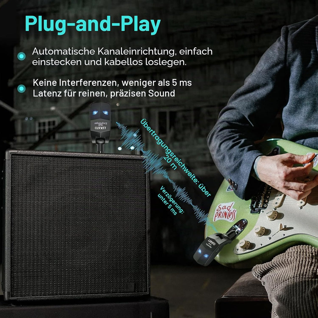 LEKATO 2,4 GHz kabelloses Gitarrensystem, kabelloser Gitarrensender und -empfänger, wiederaufladbare