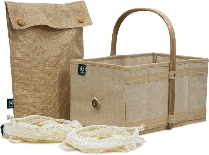 achilles Einkaufskorb aus Holz mit Obst- und Gemüsenetz, Klappbarer Korb, Picknick-Korb, Einkaufsbox