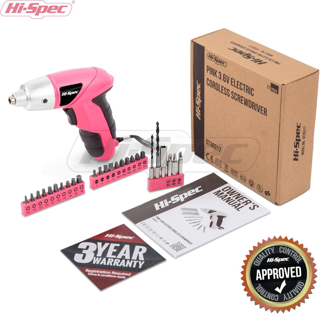 Hi-Spec Akkubohrer Set in Pink – Kompakter Mini Akkuschrauber mit leistungsstarkem 3.6-V-Akku, LED-L