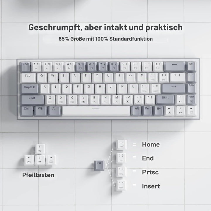 Redragon K631 Gery 65% Kabelgebundene RGB-Gaming-Tastatur, 68 Tasten, Hot-swap-fähige Kompakte Mecha