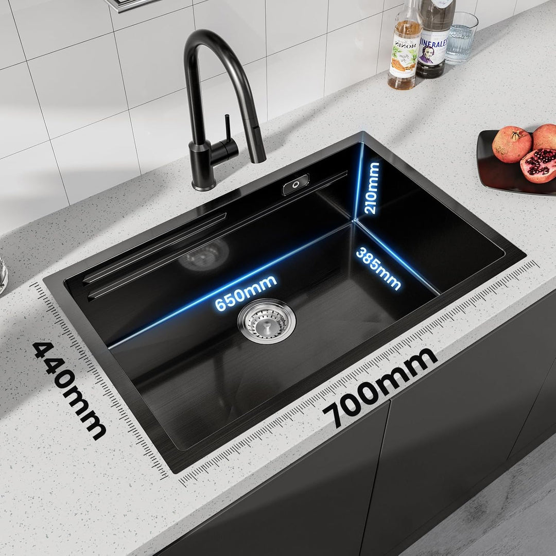 CECIPA Spülbecken Schwarz mit Armatur 70 x 44 cm 1 Becken Einbauspüle mit siphon für ab 80 cm Küchen