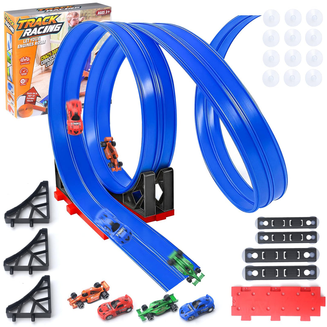 4M Flexible Autorennbahn Kinder,Dual Rennstrecke Rampen inkl 4 Spielzeugauto,Soft Rennbahn Spielzeug
