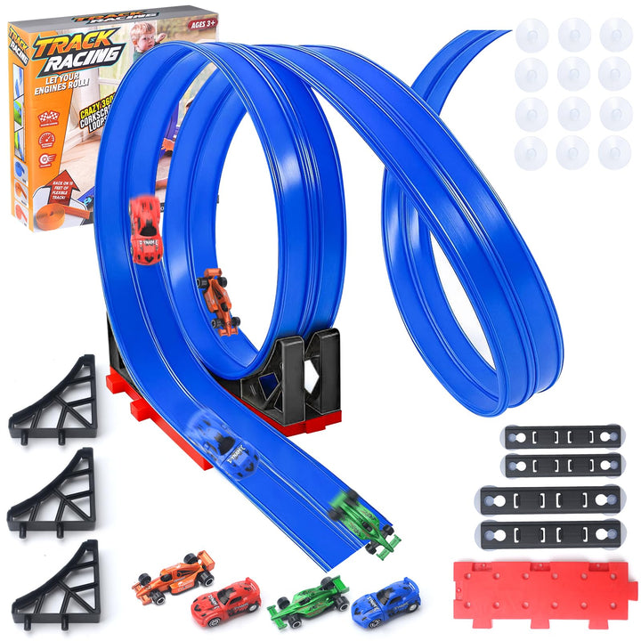 4M Flexible Autorennbahn Kinder,Dual Rennstrecke Rampen inkl 4 Spielzeugauto,Soft Rennbahn Spielzeug