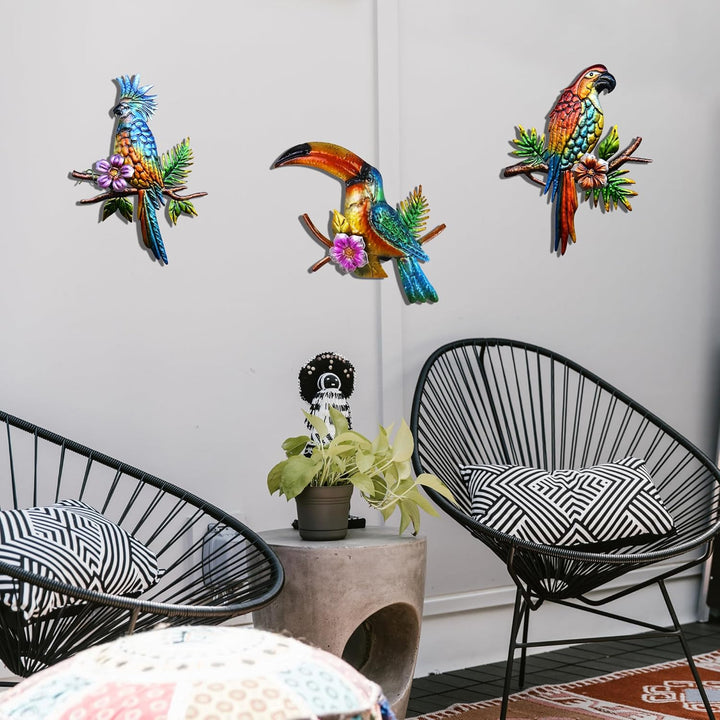 J-Fly Metall Papagei Wanddekoration - Tropische Outdoor Wandkunst für Terrasse, Zaun, Garten, Zuhaus