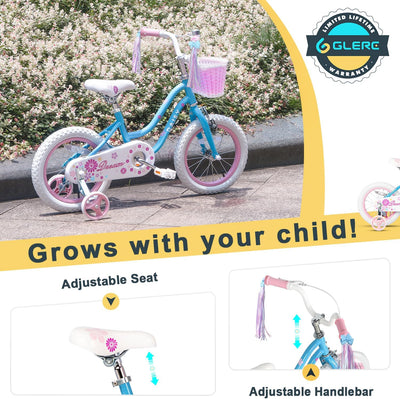 Glerc Kinderfahrrad 12/14/16 Zoll für 2-7 Jahre Mädchen Fahrrad mit Korb, Luftschlangen, Stützräder
