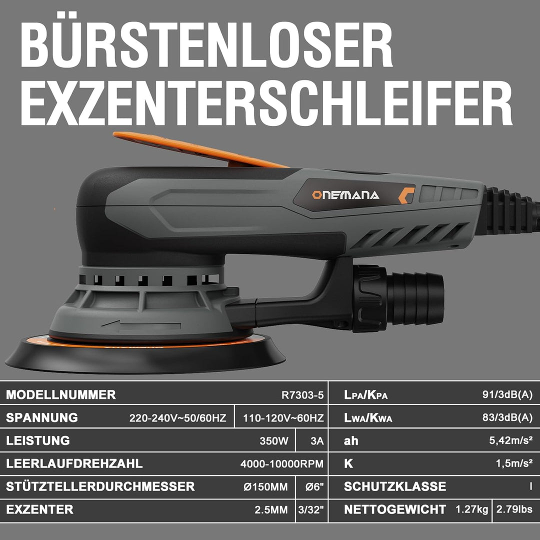 Exzenterschleifer 150 mm, Bürstenloser Exzenterschleifer mit 2,5 mm Exzenterhub, 350W Schleifmaschin