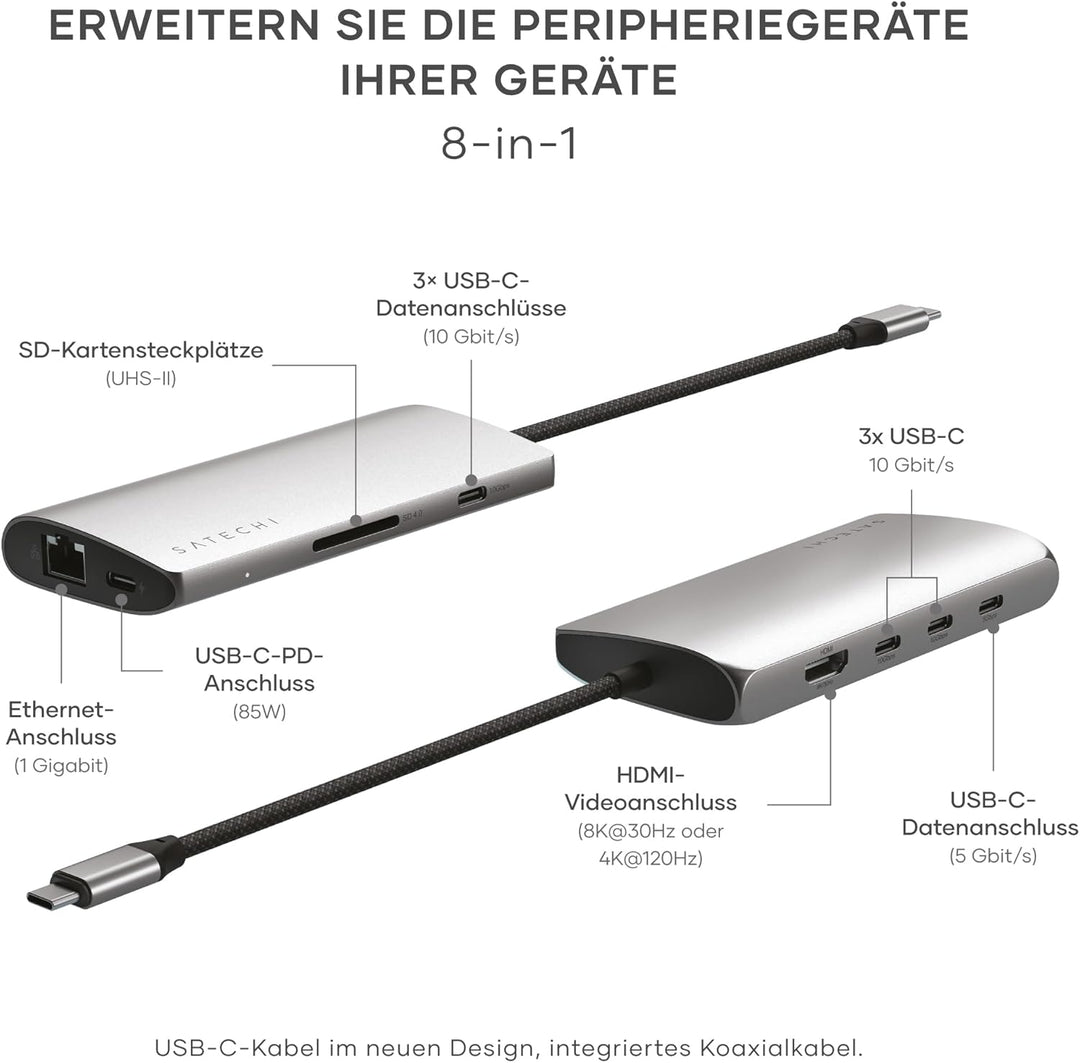 SATECHI 8-in-1 USB-C-Hub mit Ethernet, HDMI 8K@30Hz, 85 W PD-Ladefunktion, 4 x USB-C 10 Gbit/s, Date