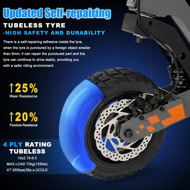 10x2.75-6.5 Tubeless Reifen, Selbstreparierende Off-road Vakuumreifen mit Ventil,10 Zoll E Scooter E