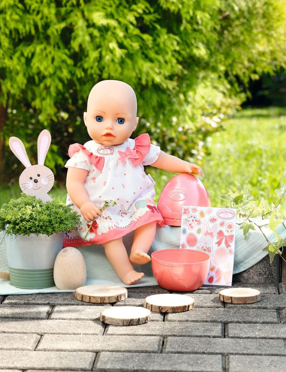 Baby Annabell Osterkleid im Ei, Puppenkleid in rosa und weiss mit Osterhasen im Osterei für 43 cm Pu