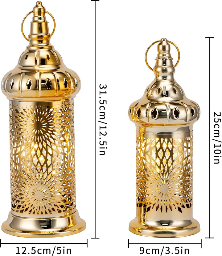 TRIROCKS Ramadan Laternen, 2er-Set 32 cm & 25 cm grosse goldene elektrische Kerzenhalter mit Timer,