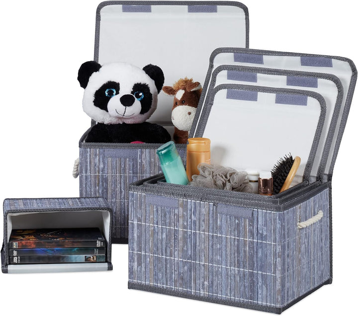 Relaxdays Aufbewahrungskorb 5er Set, mit Deckel, aus Bambus, für Badezimmer, Spielzeug, Deko, Aufbew