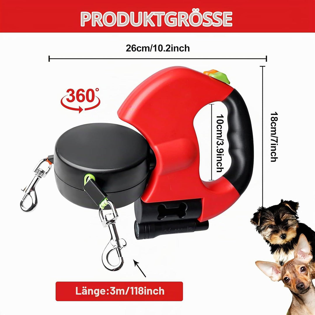 Doppelleine für 2 Hunde - 3 Meter, Einziehbare und Ausziehbare Hundeleine mit Lichtfunktion, Ergonom