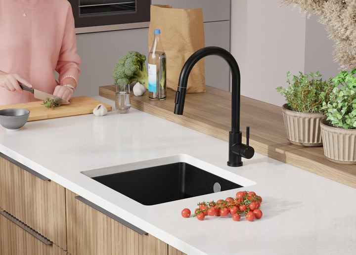 Unterbauspüle Granit Schwarz 46x44 cm, Granitspüle 1 Becken + Ablauf-Set + Küchenarmatur, Küchenspül