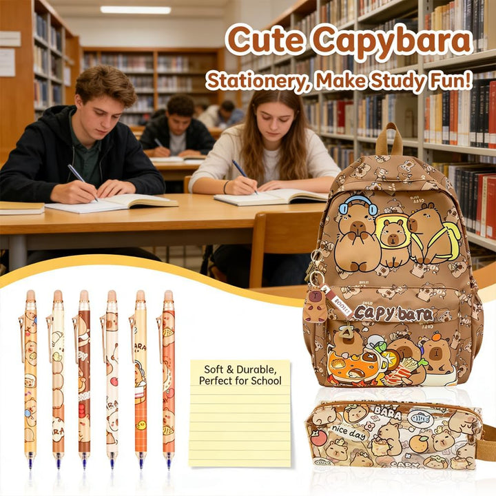 OPVXZAD Capybara Rucksack Set, Schulrucksack Grosse Kapazität mit Capybara Federmäppchen, Stiften &