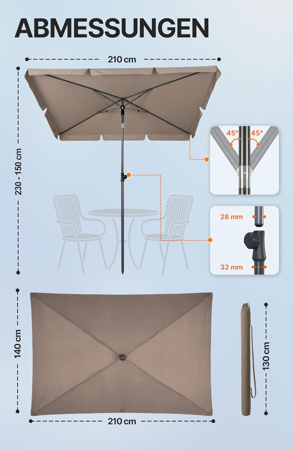 4smile SunnyShade Balkonschirm Rechteckig 210x140 cm, Sonnenschirm Balkon mit UV 50+, Sonnenschutz B