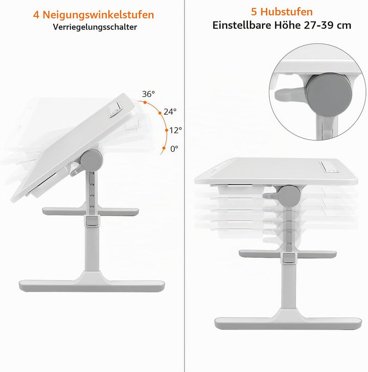 QWORK® Tisch Bett Laptoptisch, Höhen Winkel verstellbar,Betttisch Klappbar mit Schublade und LED Lam