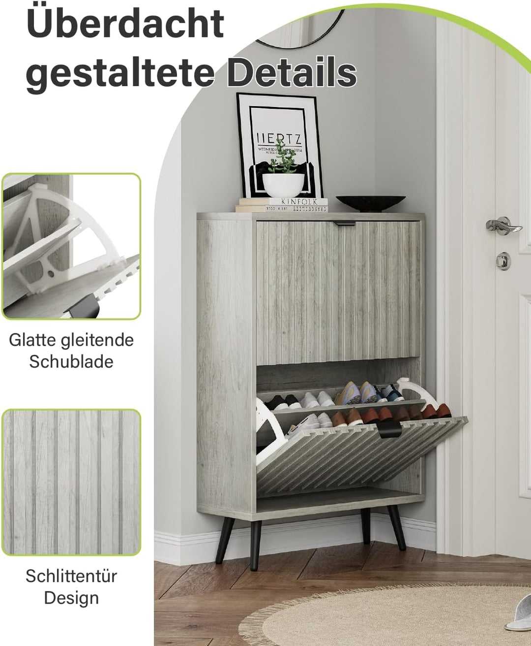 Smart FENDEE Schuhschrank schmal 2 Klappen, 24cm Tiefe in Hellgrau Holzoptik, 4 verstellbare Fächer,