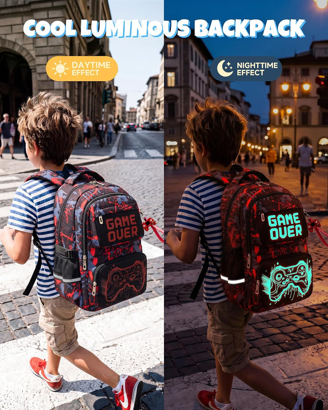 Amythe Schulrucksack mit Rollen für Jungen, Grosser Leuchtstoff Trolley-Rucksack mit 6 Räder, Wasser